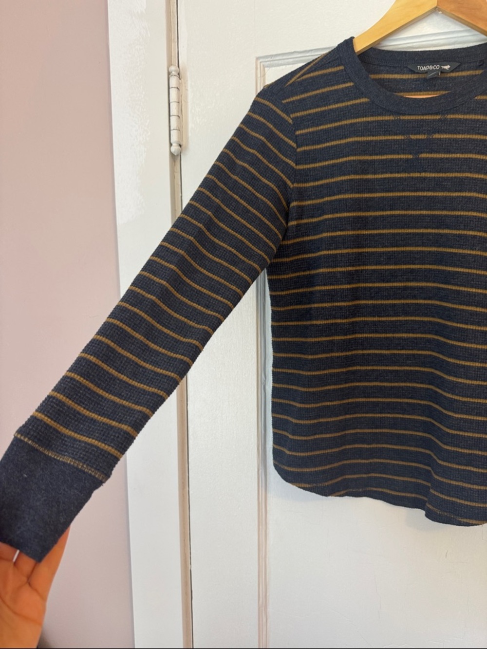 Toad & Co Navy & Tan Striped Long Sleeve Thermal Crewneck Top